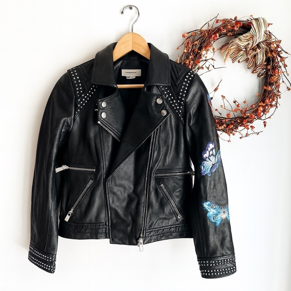 Zadig & Voltaire Womens Kawai Studded Moto Bikercore Leather Jacket MEDIUM Black